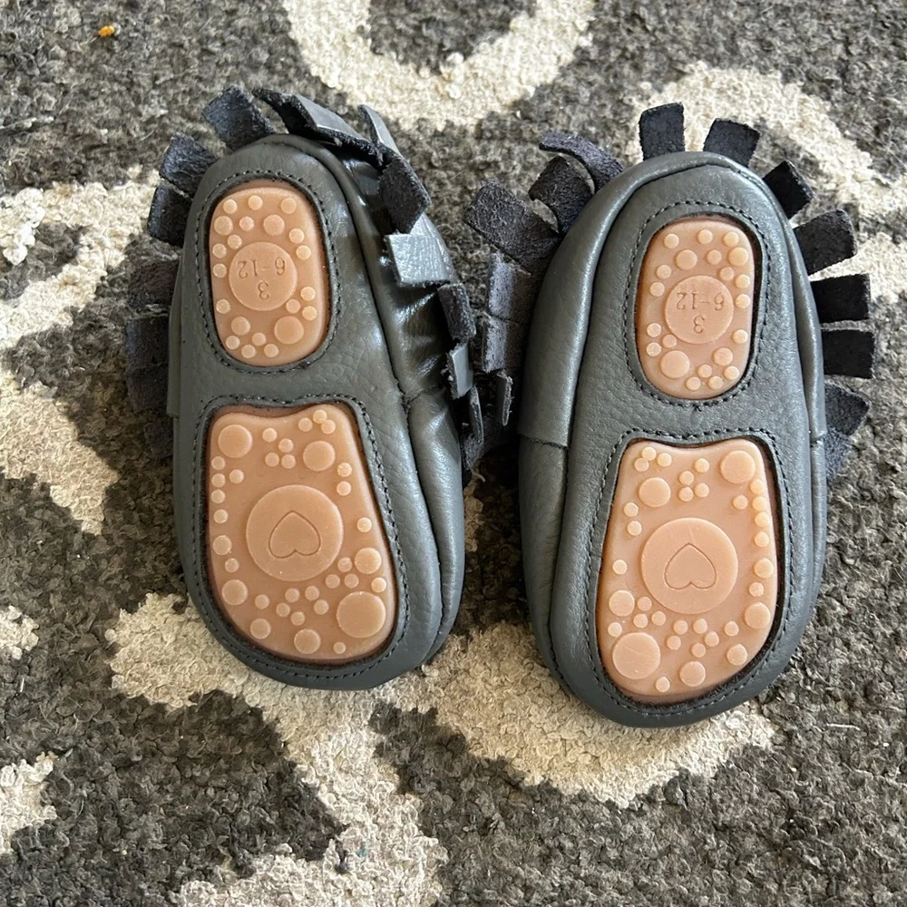 Gray Leather Kids Moccasins